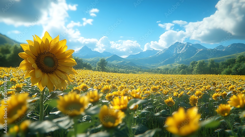 Obraz premium Sunflower Serenity: A vibrant sunflower stands tall amidst a breathtaking field of its brethren, stretching towards a majestic mountain range under a brilliant blue sky.