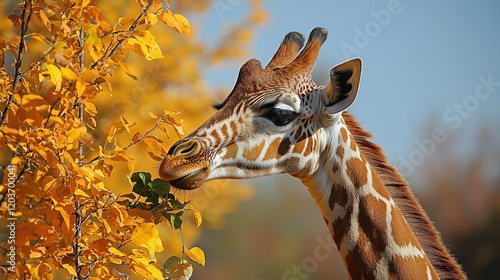 Giraffe Eating Autumn Leaves Close Up of a Giraffe s Head and Neck Grazing on Golden Foliage photo