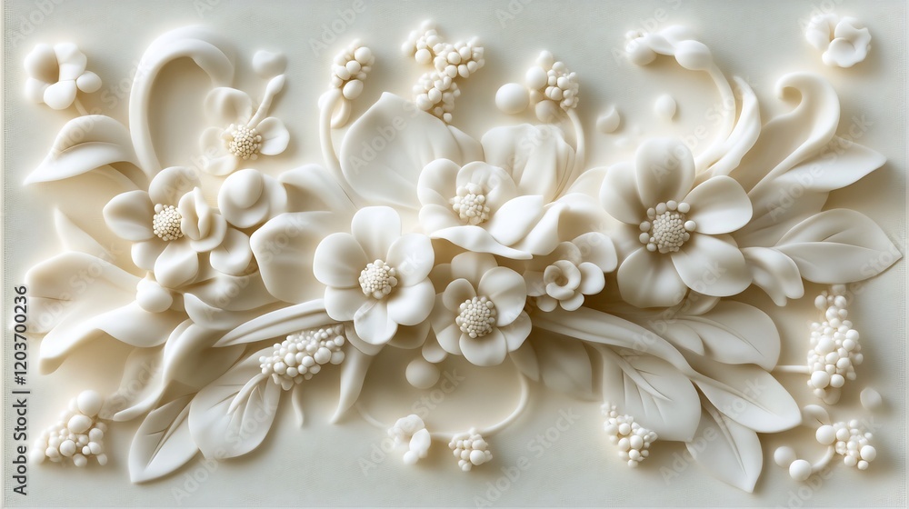 White floral relief art with three-dimensional blossoms and leafy swirls on a neutral background White floral relief art with three-dimensional blossoms and leafy swirls on a neutral background
