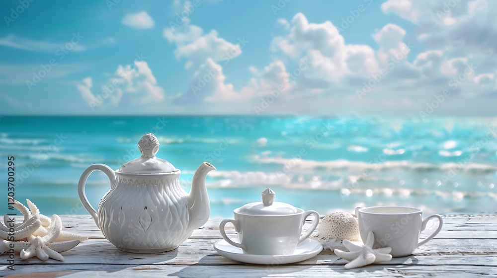 Fototapeta premium Teapot with cups on table on sea background