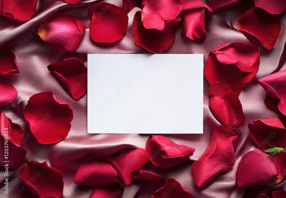 Blank Card Design on Red Silk with Rose Petals Blank Card Design on Red Silk with Rose Petals