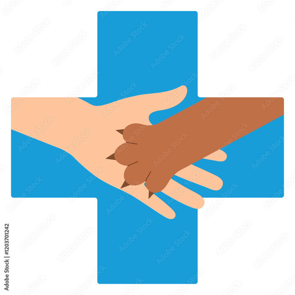 Φωτογραφία Illustration of dog paw in human hand with medical cross on white background
