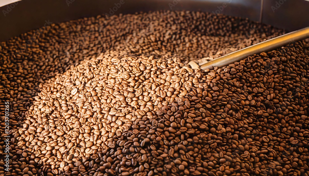 Obraz premium Close-up shot of roasted coffee beans being scooped from a large container. Rich, warm tones and textures make this image perfect for coffee packaging, websites, or blog posts about coffee production.
