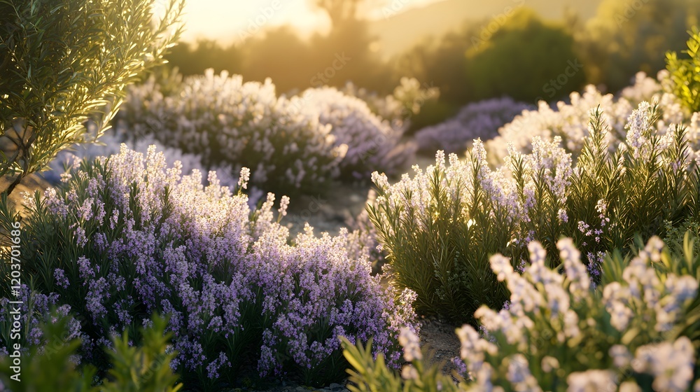 Obraz premium Golden sunlight illuminates a field of lavender flowers