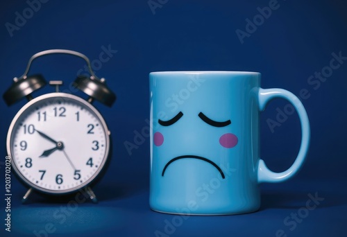 Blue Monday, sad coffee mug, closed eyes, frowning face, analog clock, dark blue background photo