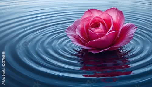 An abstract depiction of a rose with petals made of flowing water, The petals spiral outward, gradually transforming into ripples across a calm pool.
