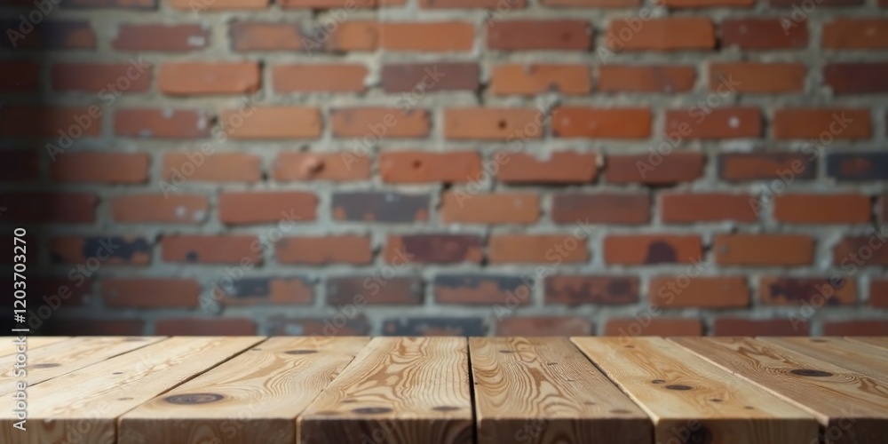 Fototapeta premium Rustic Wooden Tabletop Against a Blurred Brick Wall Background, Perfect for Product Displays and Mockups Featuring a Warm and Inviting Atmosphere