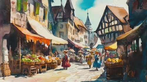 Watercolor Painting of a Bustling European Town Market with Medieval Architecture.