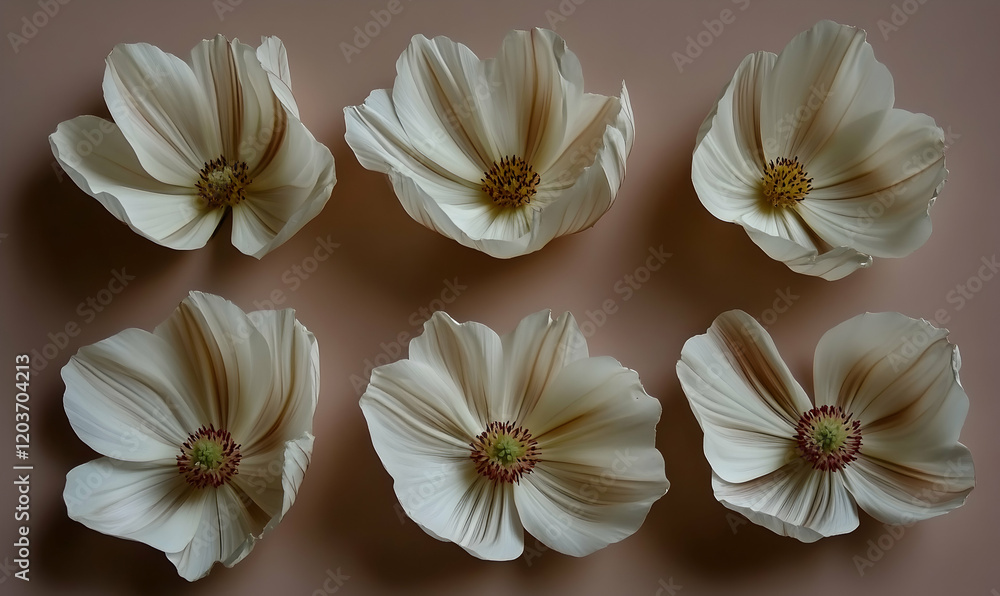 Fototapeta premium Six delicate off-white cosmos flowers with subtle brown stripes arranged symmetrically on a soft pink background. Perfect for minimalist aesthetics, floral designs, or nature-themed projects.