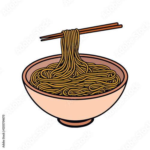 front view of noodles bowl with chopsticks illustration, Traditional Fast food doodles noodles concept with bowl and chopsticks
