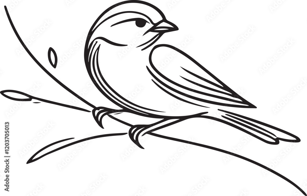 Obraz premium A minimalist illustration black line drawing of a bird perched on a branch. The simple, elegant lines convey a calm and serene tone on a neutral background