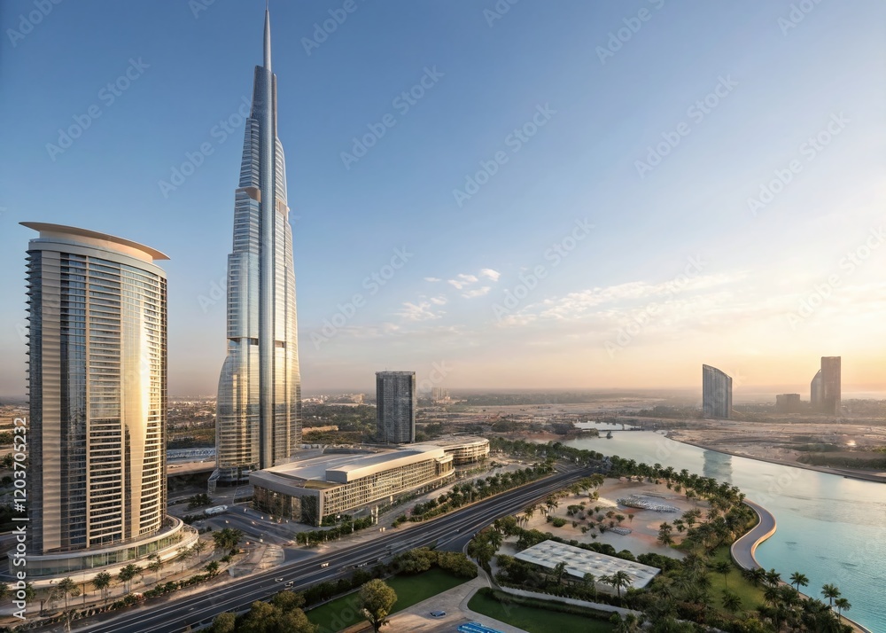 Obraz premium Futuristic Skyscraper Cityscape: Modern Architecture 3D Render, Left Composition