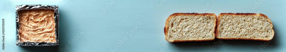 Foil-wrapped spread and sliced bread on blue background: minimalist culinary composition Foil-wrapped spread and sliced bread on blue background: minimalist culinary composition