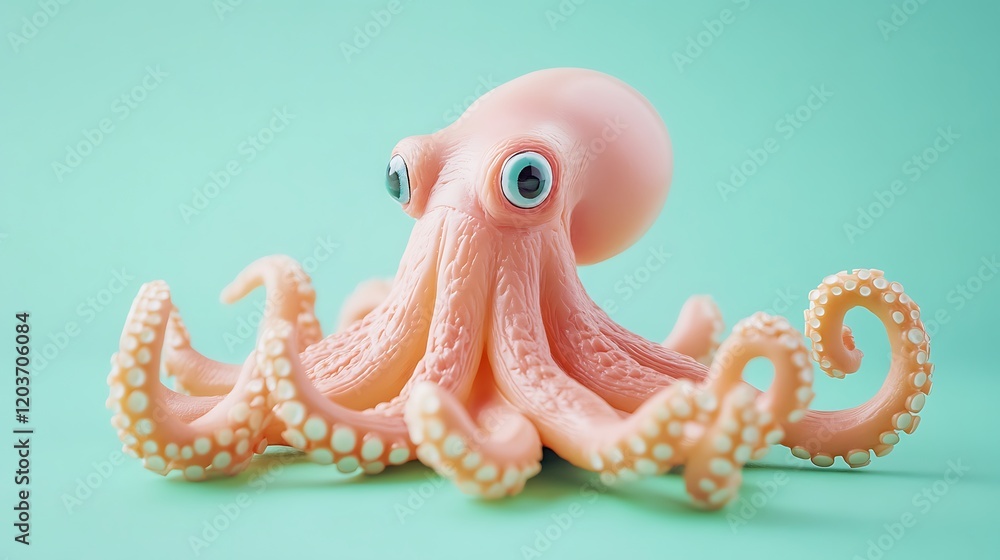Toy octopus with waving tentacles on light green background Toy octopus with waving tentacles on light green background