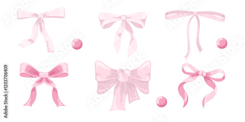 Vector Illustration of 6 pink girly vintage bow set. Bow for hair decor flat. Ribbons isolated. Trendy girls accessories. Cute hairstyle elements collection