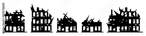 War destroyed the buildings of the city. Ruins set. Destroyed houses and buildings. Vector illustration isolated on white background.
