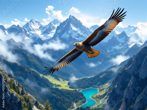 Eagle soaring over misty mountains and serene lake photo