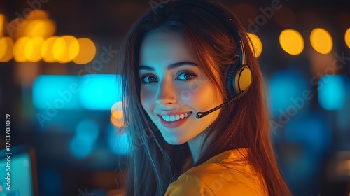 A cheerful young woman in a warmly lit office space, smiling confidently while working in a modern and cozy environment. photo