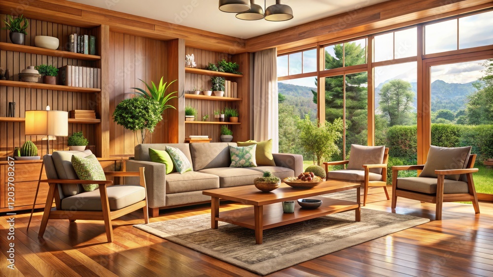 Panoramic View of Assembled Wooden Furniture at Home: Stylish Living Room with Elegant Wooden Pieces, Cozy Atmosphere, Modern Decor, Natural Light, and Impeccable Craftsmanship Panoramic View of Assembled Wooden Furniture at Home: Stylish Living Room with Elegant Wooden Pieces, Cozy Atmosphere, Modern Decor, Natural Light, and Impeccable Craftsmanship