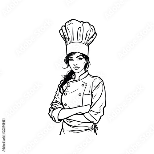 woman chef wearing chef uniform and long chef hat cartoon illustration black line art isolated on white background