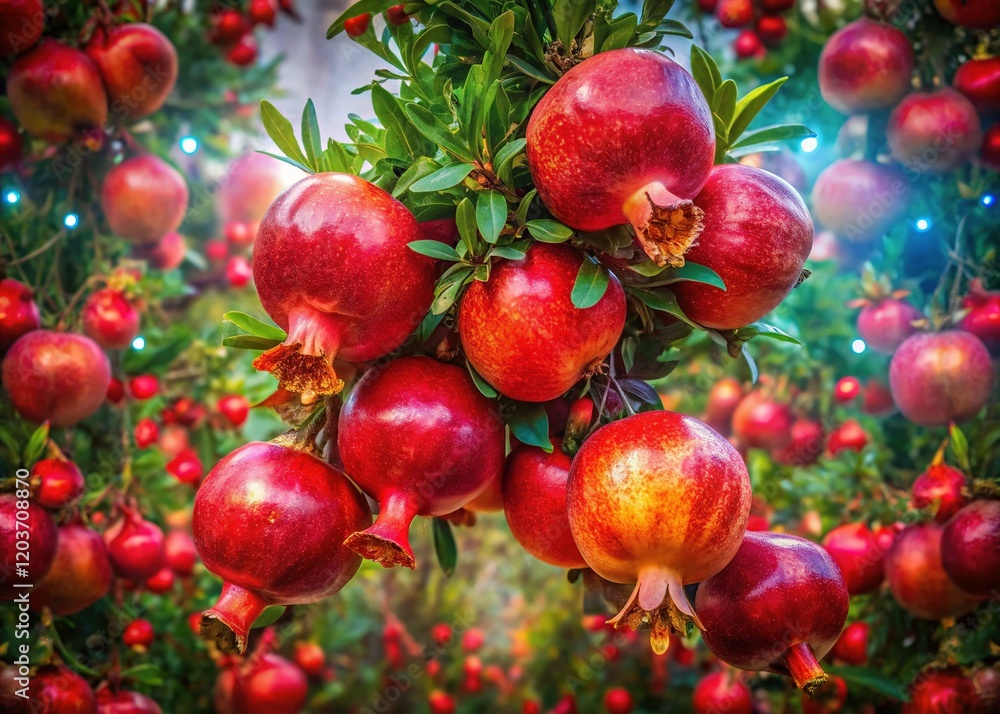 Obraz premium Double Exposure: Pomegranate Tree Blossoms and Fruit, Vibrant Red Hues