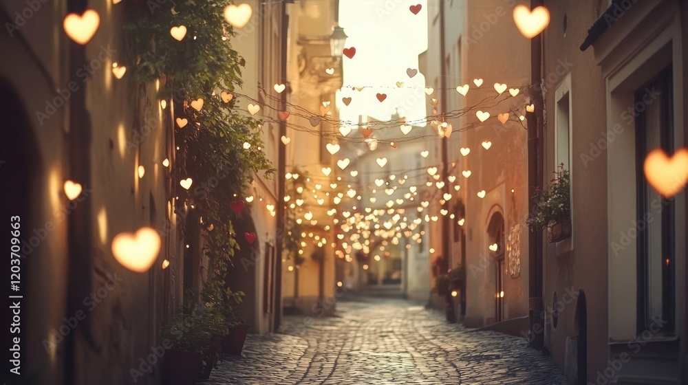 Obraz premium Romantic Evening in a Charming Cobblestone Street with Heart-Shaped Lights.