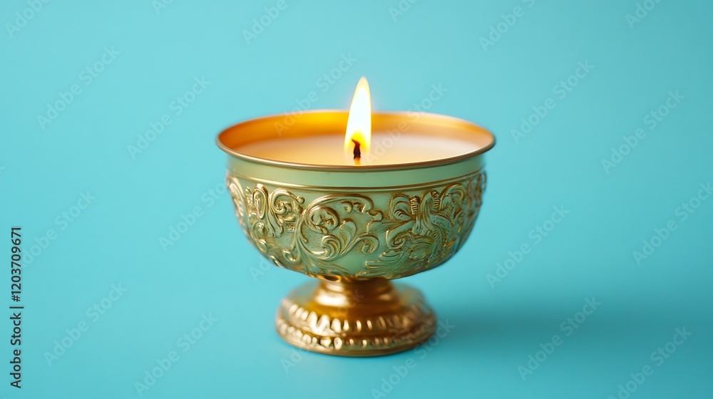 Victorian style candle in brass cup on blue background Victorian style candle in brass cup on blue background