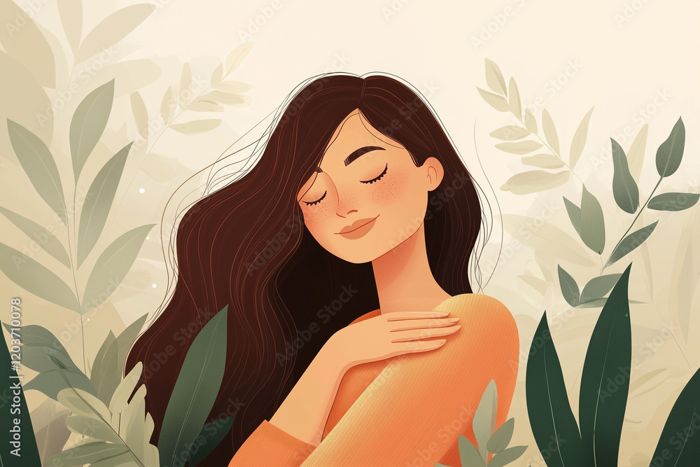 Happy woman hugging herself. Positive lady expressing self love and care. Vector illustration for love yourself, body positive, confidence concept