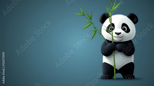 Panda Cub with Bamboo:  A playful and adorable panda cub stands holding a stalk of bamboo against a minimalist blue backdrop, embodying the spirit of pure innocence and gentle strength.   photo