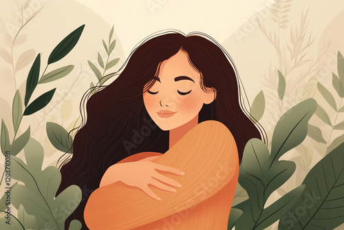 Happy woman hugging herself. Positive lady expressing self love and care. Vector illustration for love yourself, body positive, confidence concept	