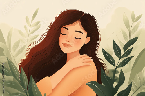 Happy woman hugging herself. Positive lady expressing self love and care. Vector illustration for love yourself, body positive, confidence concept	