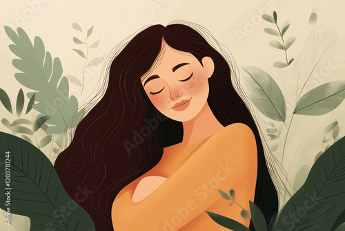 Happy woman hugging herself. Positive lady expressing self love and care. Vector illustration for love yourself, body positive, confidence concept	