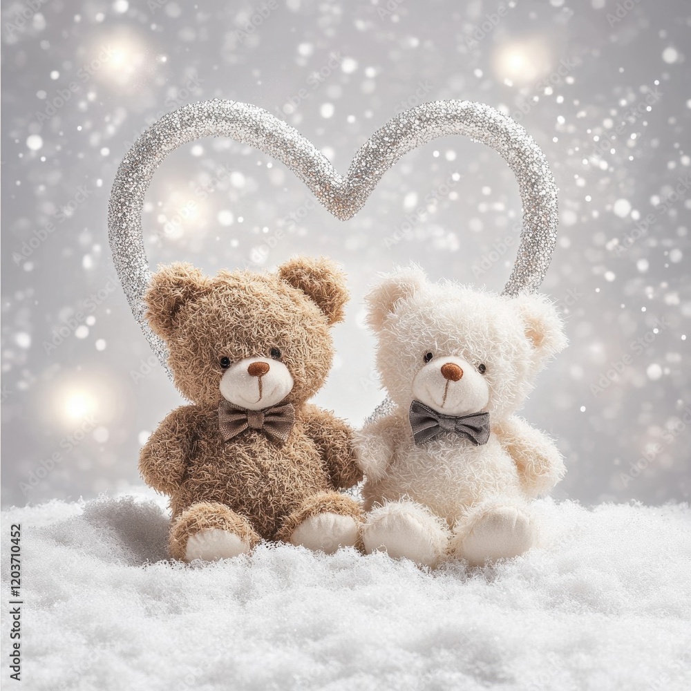 Two teddy bears in love, sitting in the snow with a silver heart-shaped frame. Romantic winter scene. Two teddy bears in love, sitting in the snow with a silver heart-shaped frame. Romantic winter scene.