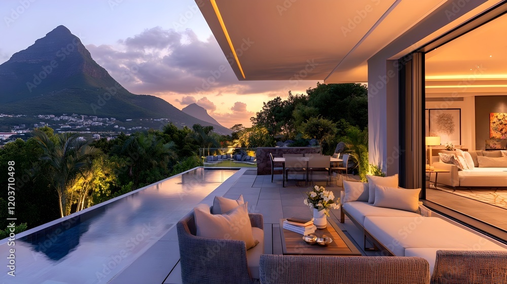 Fototapeta premium luxury villa sunset, mauritius infinity pool - luxury travel