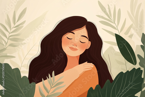 Happy woman hugging herself. Positive lady expressing self love and care. Vector illustration for love yourself, body positive, confidence concept	