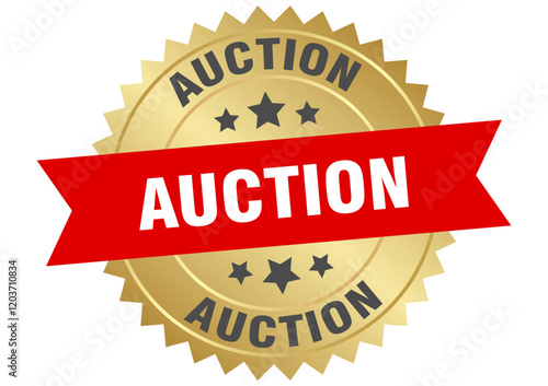 auction. auction round red and gold label isolated on transparent background
