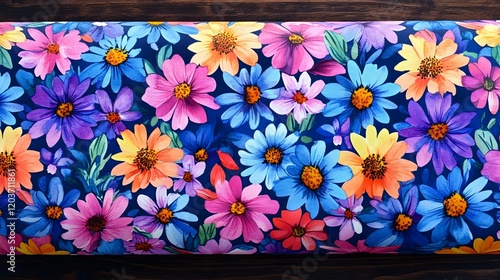 Vibrant colorful floral pattern on dark blue background