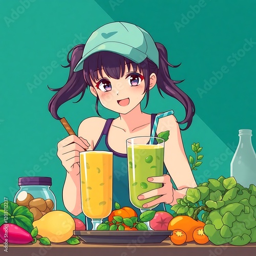 Anime girl making healthy smoothies.
