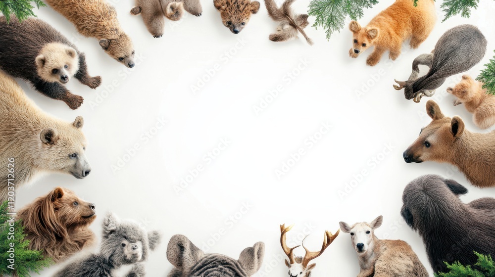 Obraz premium A diverse collection of adorable animals gathered in a circular arrangement with greenery