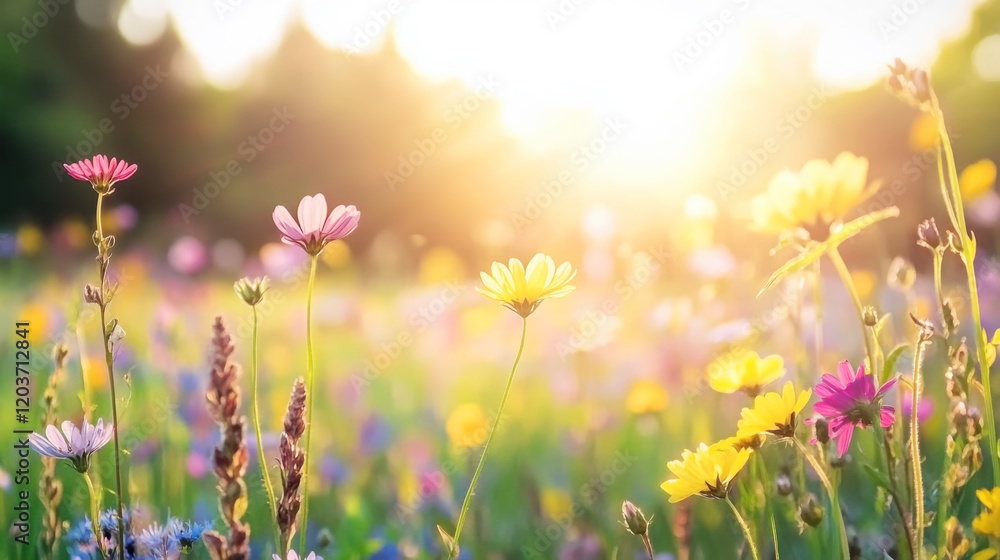 Fototapeta premium Sunlit wildflower meadow in bloom during golden hour for spring inspiration