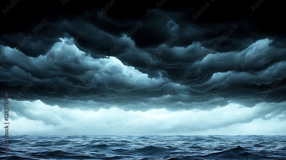 Fototapeta premium Ominous Storm Clouds: A dramatic, brooding sky filled with dark, foreboding storm clouds hangs low over a choppy sea, creating a sense of impending danger and anticipation. 