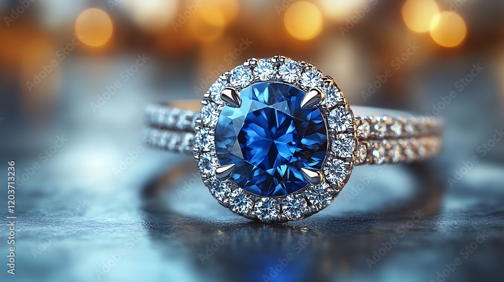 Fototapeta premium Sapphire Engagement Ring: A breathtaking sapphire engagement ring sparkles with intricate details.