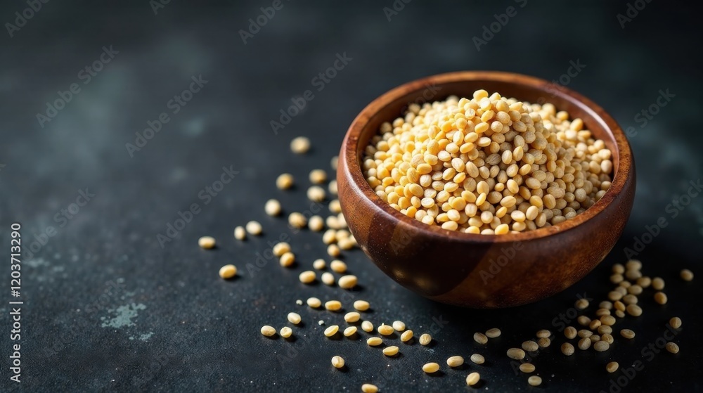 A wooden bowl filled with pale yellow legumes, scattered on a dark surface; healthy, nutritious, and natural food A wooden bowl filled with pale yellow legumes, scattered on a dark surface; healthy, nutritious, and natural food