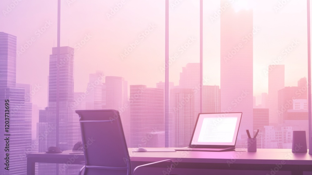A Modern office with large window showcasing cityscape at sunrise, symbolizing corporate optimism and future potential, featuring minimalist design with sleek desk, chair, and glowing laptop screen. A Modern office with large window showcasing cityscape at sunrise, symbolizing corporate optimism and future potential, featuring minimalist design with sleek desk, chair, and glowing laptop screen.