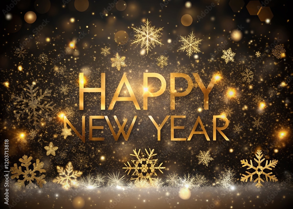 Fototapeta premium Golden Happy New Year Silhouette with Snowflakes - Festive Holiday Stock Photo