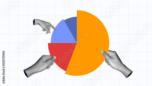 halftone collage trend, Hands holding a pie chart, symbolizing teamwork, data analysis, and collaboration, business strategy, data visualization, and collaborative decision-making