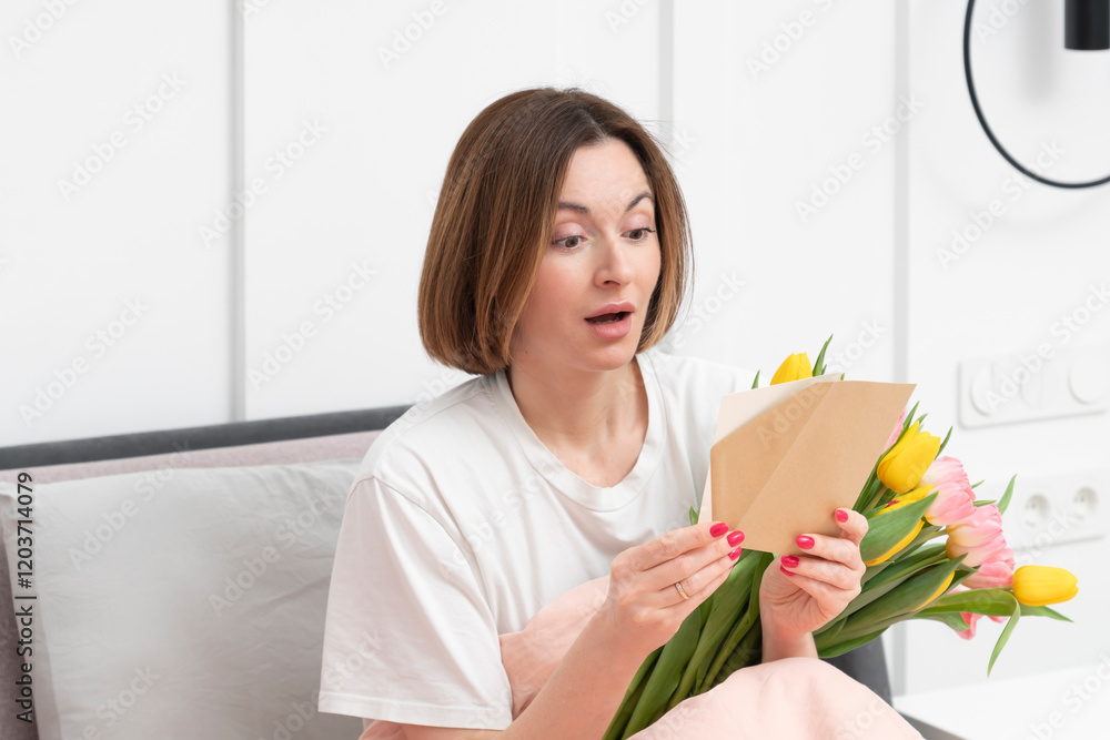 A young beautiful girl received a bouquet of flowers and a congratulatory letter on a wonderful World Women's Day. She sits and reads the letter and thanks the sender A young beautiful girl received a bouquet of flowers and a congratulatory letter on a wonderful World Women's Day. She sits and reads the letter and thanks the sender