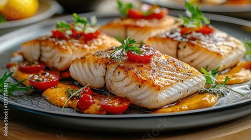 Pan-seared cod with cherry tomatoes and creamy sauces.