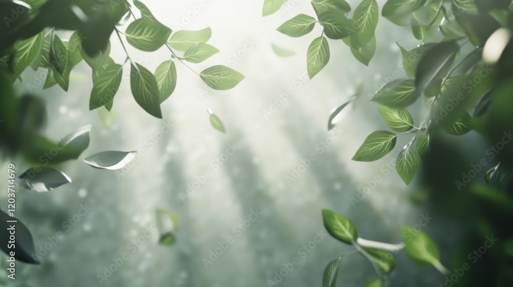 Lush Green Leaves with Rays of Light in a Serene Forest Environment Lush Green Leaves with Rays of Light in a Serene Forest Environment