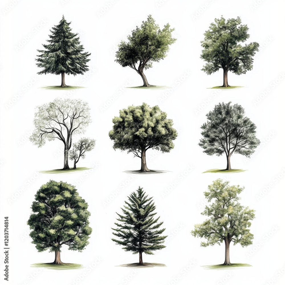 Obraz premium Diverse Tree Illustrations Featuring Varied Types and Styles